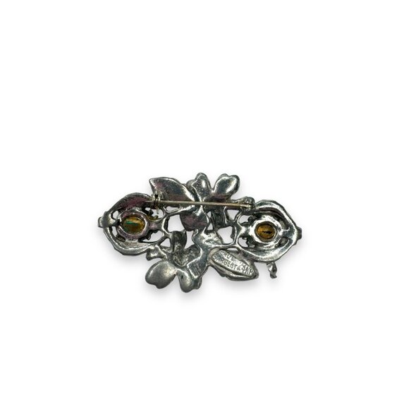 Paul Sargent 24KP Brooch With Green Clear Crystals Floral Design - Picture 2 of 9